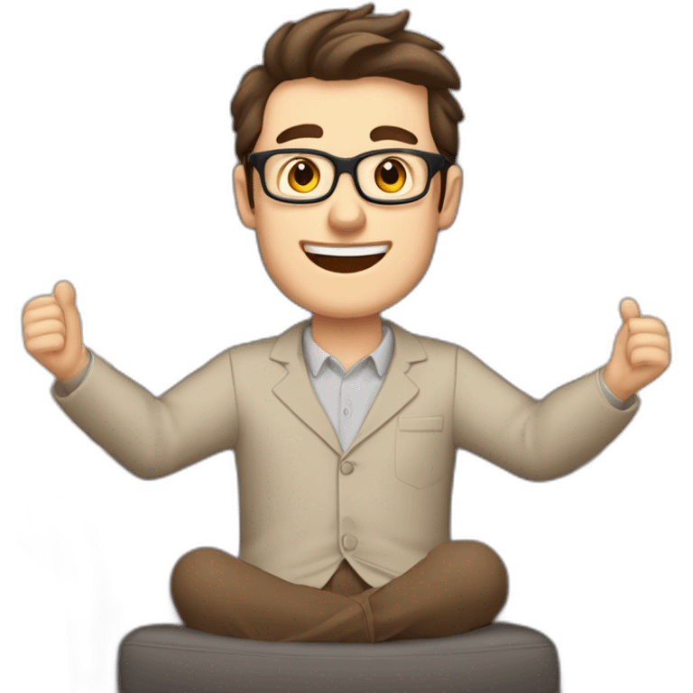 Joyful Celebrating victory Hands up Pale skinned Fit Man With dark brown hair in gray jacket, beige office shirt, Brown pants and vintage glasses sitting In a soft chair emoji