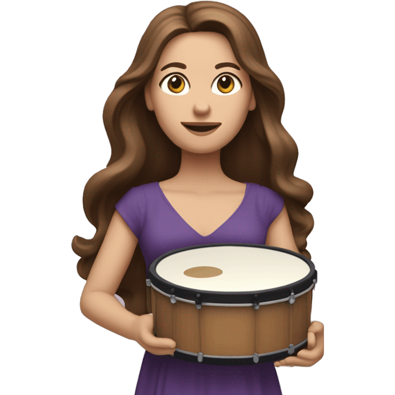 White woman standing with long flowing purple dress and long wavy brown hair holding a small handheld frame drum and a drum stick emoji