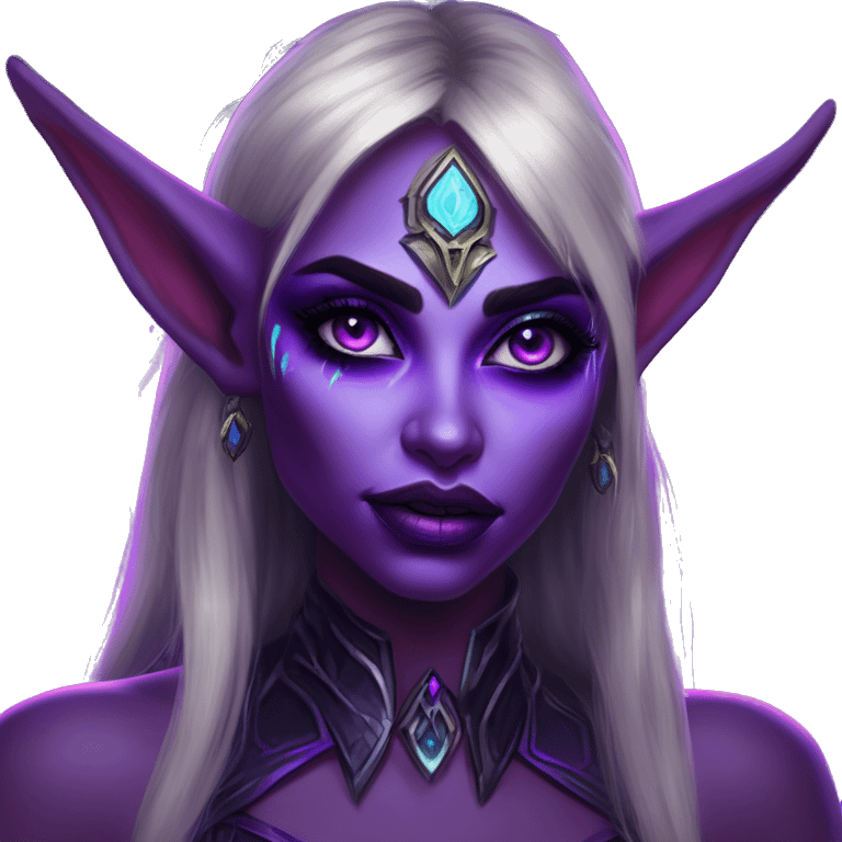 Synthwave night elf in world of warcraft style, oil paint, black eyes, intricate lips, masterpiece portrait, beautiful, desirable, logical emoji