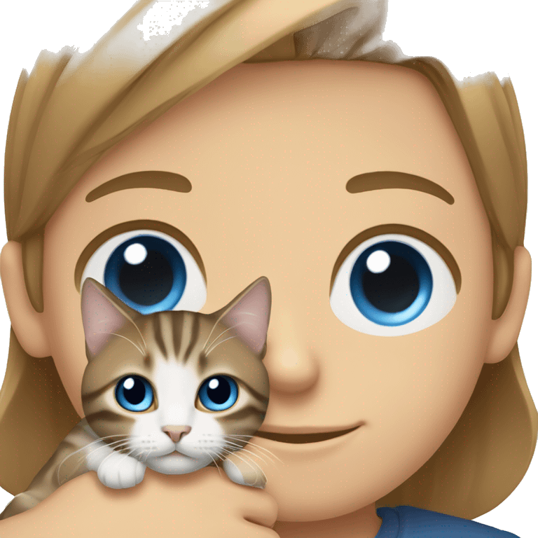 Long Brown hair girl with brown eyes, and blond white man, blue eyes holding tabby cat  emoji