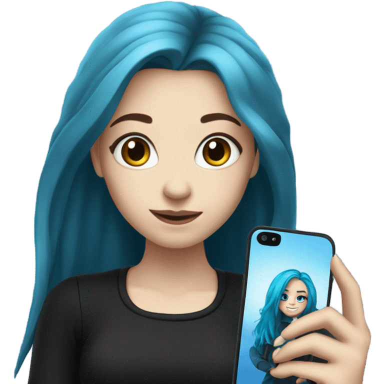 white skin girl with long blue hair in black clothes taking a selfie emoji