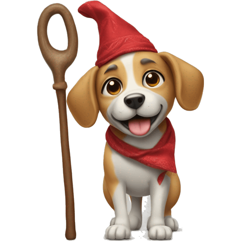 Dog walking on two back legs, holding a hobo stick with a red bandana on head  emoji