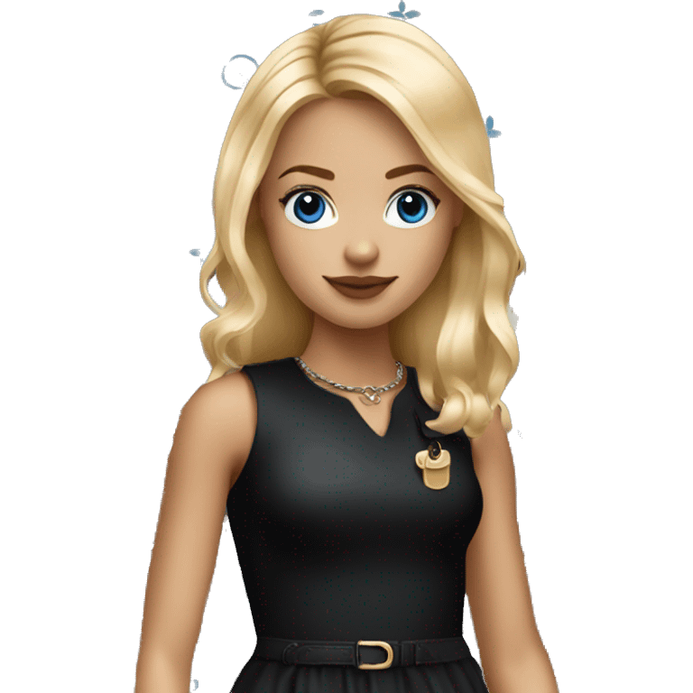 Blonde girl with blue eyes holding Louis Vuitton monogram purse in tight short black dress emoji