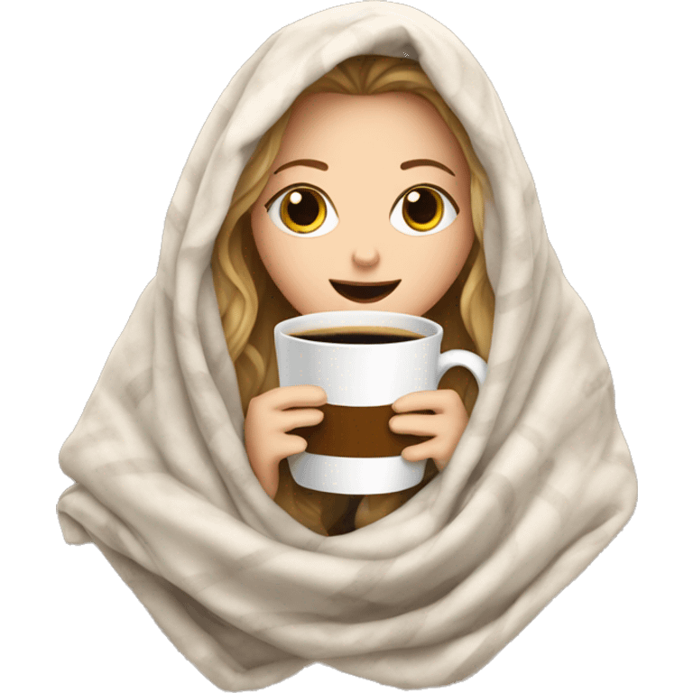 White girl inside of a blanket drinking coffee with eyes close emoji