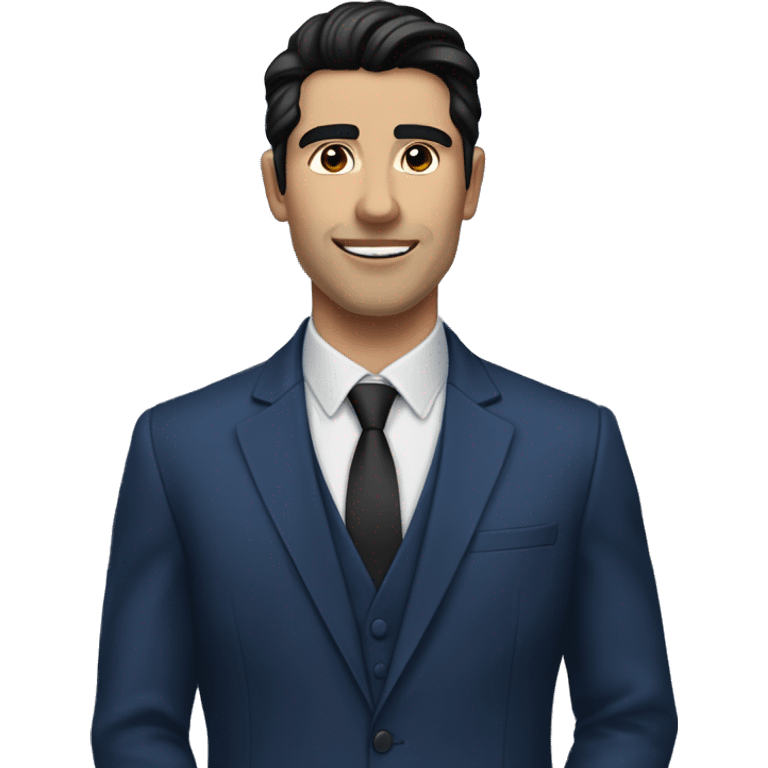 Handsome male, black hair, wearing dark blue suits, Background with buildings, white skin, pampadour cut with fade, Blue color background emoji