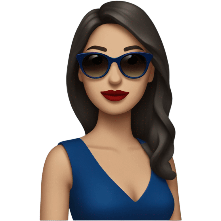 brunette in dark blue sunglasses, red lips and a dark blue dress emoji