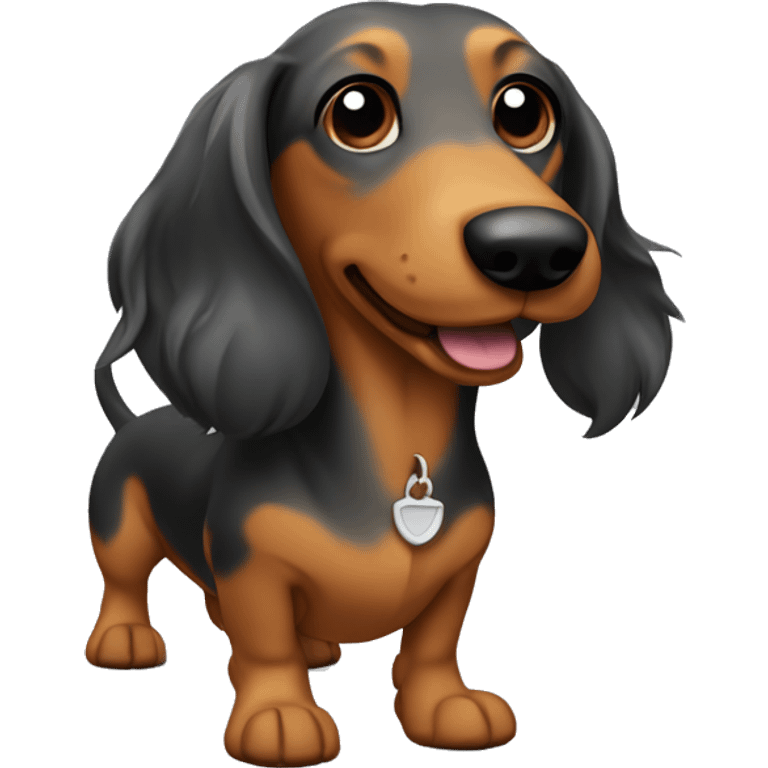 Wiener dog with long hair, brown, black and grey with Carmel color paws  emoji