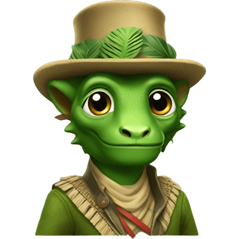 green camaleon wearing indian jones' clothes emoji