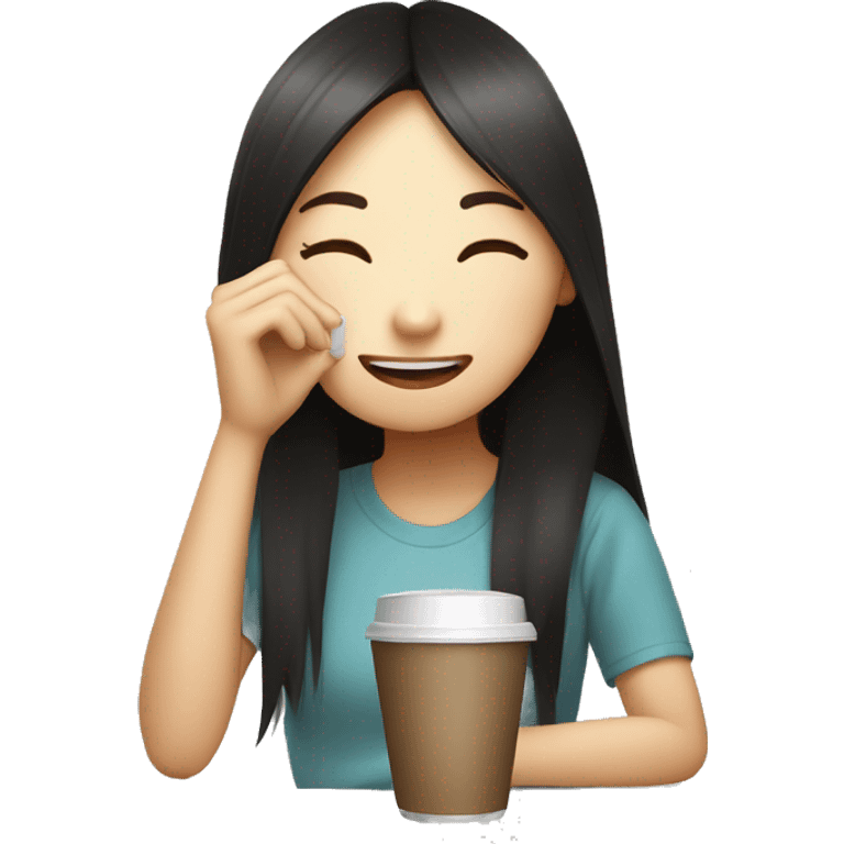 tired but smiley face asian girl and drinking big coffee emoji