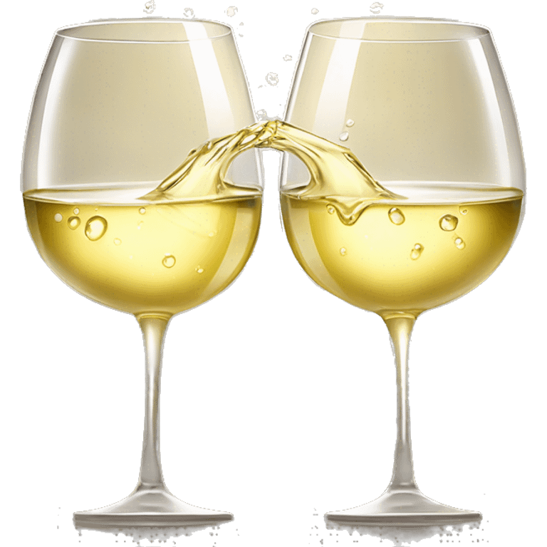 Two wine glasses filled with white wine clinking together in a toast, with soft sunlight highlighting the golden liquid and droplets of condensation on the glass emoji