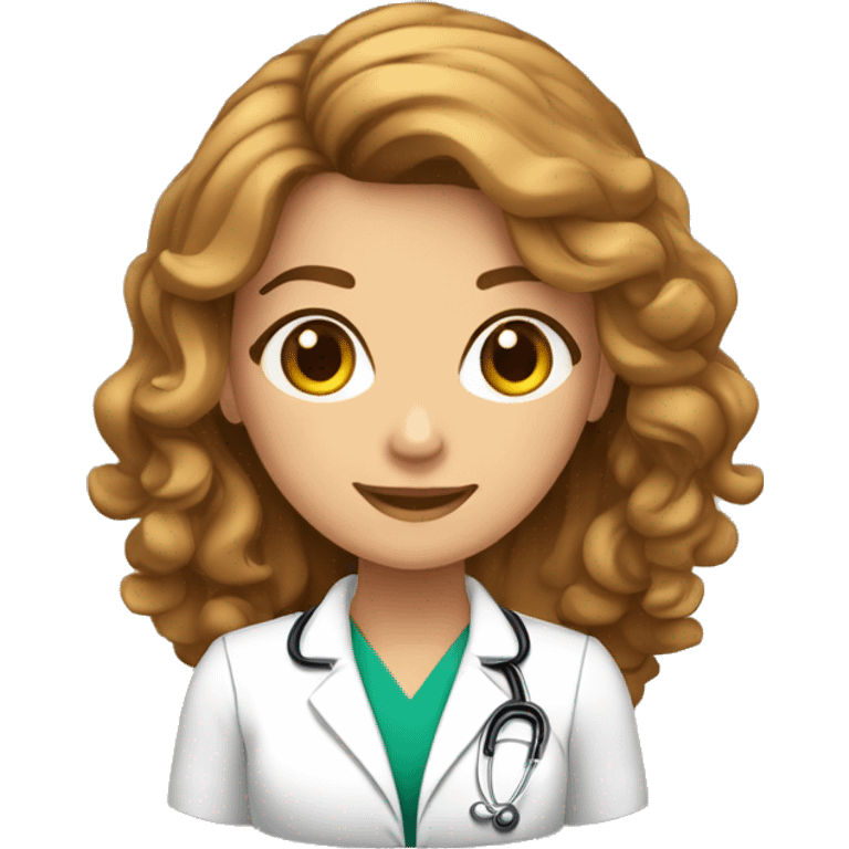 Mulher de pele clara, cabelo ondulado, comprido e castanho claro. Vestida com uma bata de médico emoji