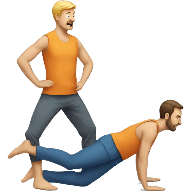 man standing facing another man who is in downward dog yoga position emoji