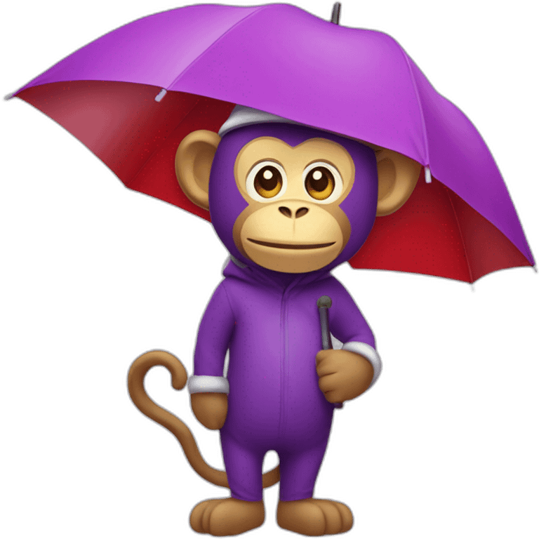 a purple monkey with a winter hat and holding a red and white unbrella emoji