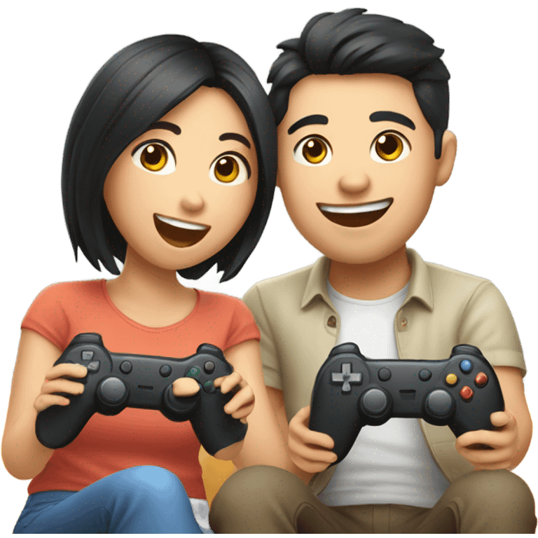 Cute asian couple excitedly playing video games emoji