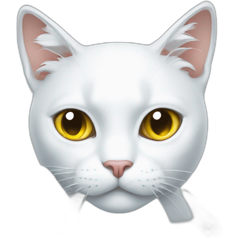 A suspicious white cat in front of a broken glass emoji