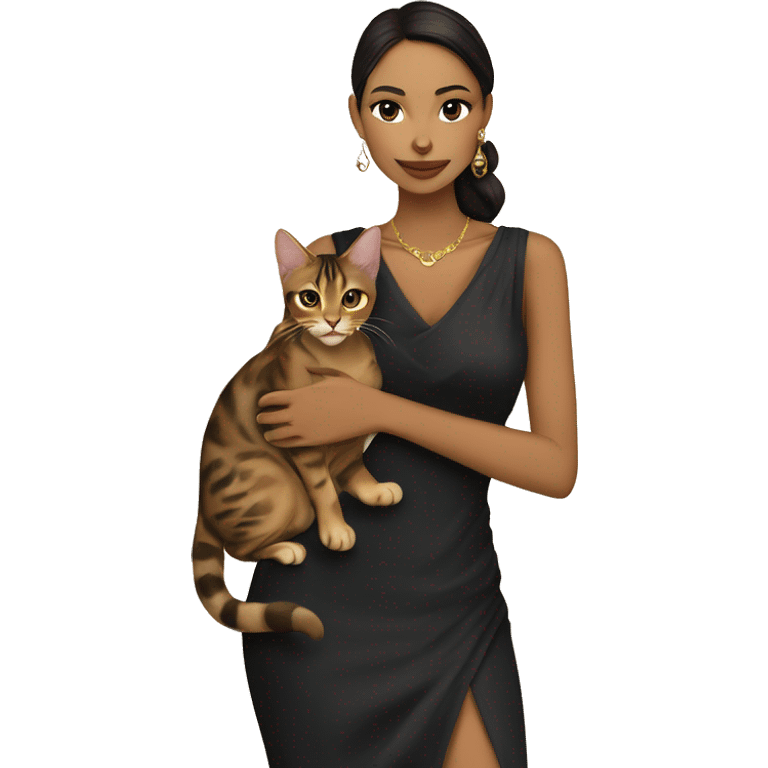 Beautiful skinny woman long dark brown hair in dark dress with gold earrings hug bengal cat emoji