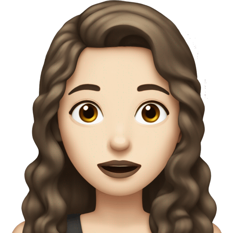 a girl with long brown hair, hazel eyes, pale skin, dark lips, singing into a microphone emoji