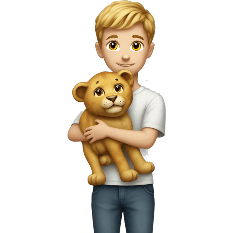 a 7 years old white boy holding a stuffed lion toy emoji