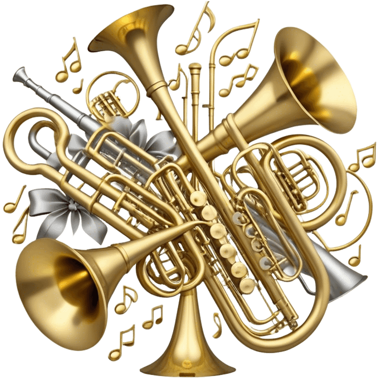 Create a festive and elegant emoji collage featuring a bouquet or fan of brass instrument bells (trumpets, saxophones, trombones, tubes, etc.) arranged in a radiant, symmetrical pattern. The instruments should have polished, golden and silver finishes, with their large, shiny bells forming a beautiful, fan-like display. Include a flowing ribbon of musical notes swirling through the center, conveying movement and melody. The background should feature a deep red velvet texture, adding a touch of luxury and sophistication. The overall composition should be balanced, with an elegant and regal feel, with a transparent background to keep focus on the instruments and musical elements. emoji