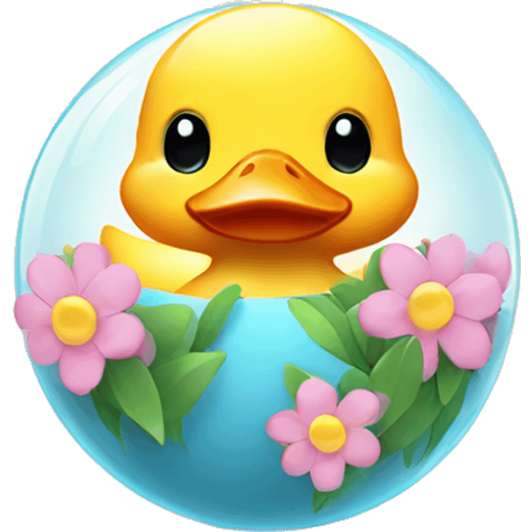 Kawaii colorful baby duck in a flower globe emoji