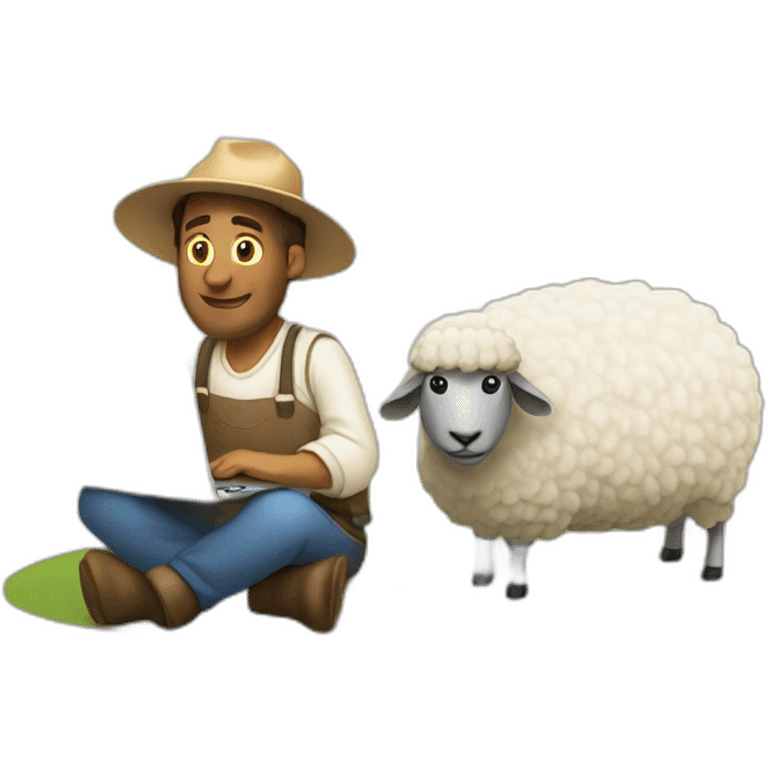 white farmer working laptop beside sheep emoji