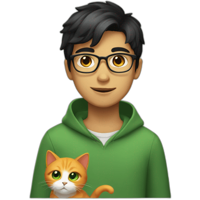 Boy with green eyes, glasses, with black short hair, with Persian orange cat emoji