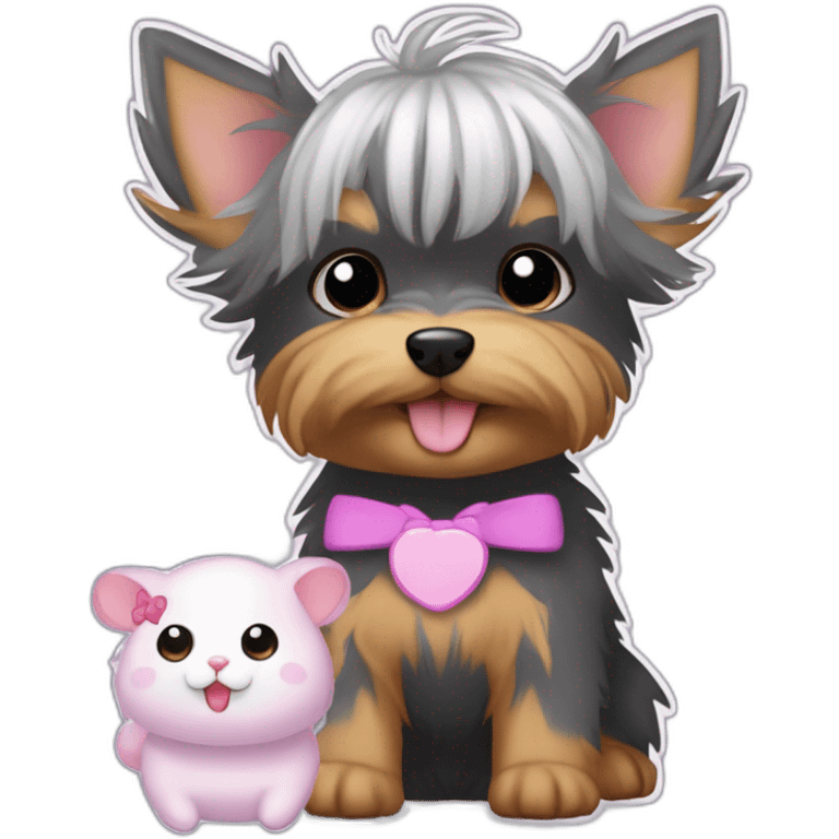 yorkshire terrier with grey hair with the tongue and two little pink hair-bow on the head with a purple nappy and a Hamtaro beside emoji