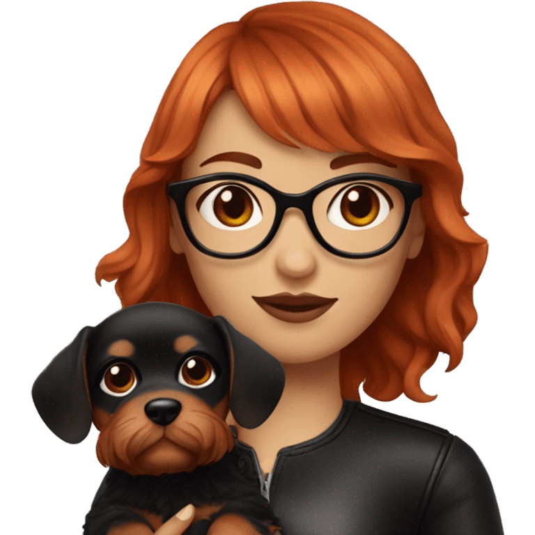 red-haired girl with bangs and short hair and black glasses leather holding a Cavalier puppy emoji