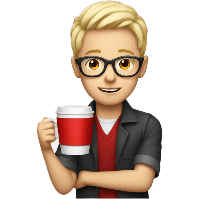 blonde boy with red glasses holding a cup of coffee emoji