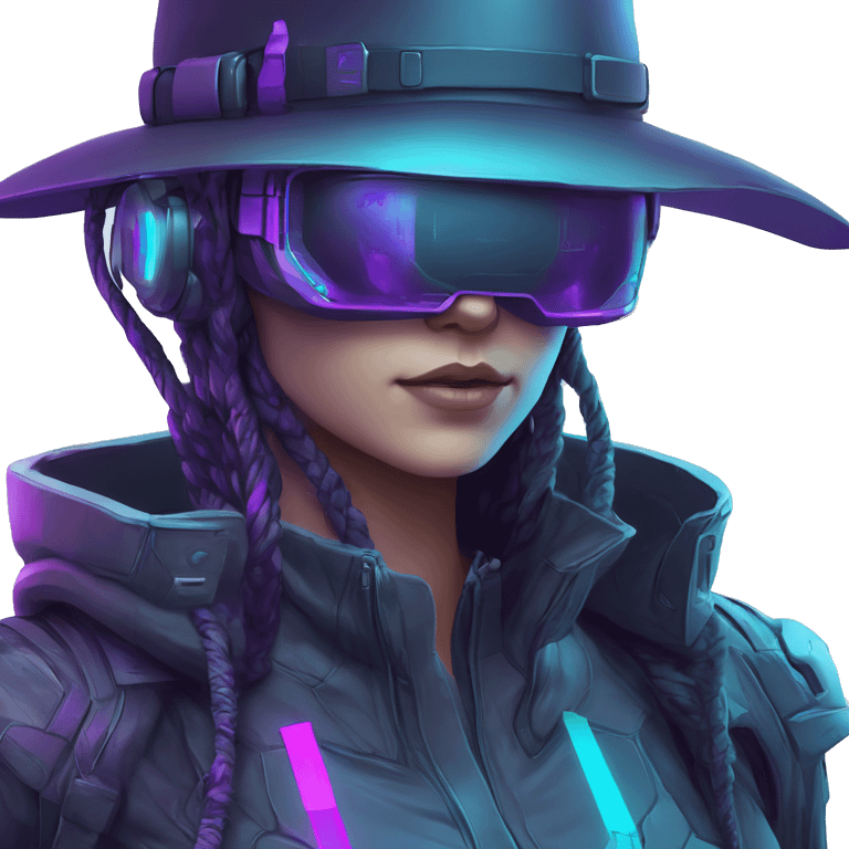 Secret human agent in a hat with  cyberpunk elements in VR googles scanning looking reviewing multicolor lines of code, cyan and purple colors, only upper body portrait emoji