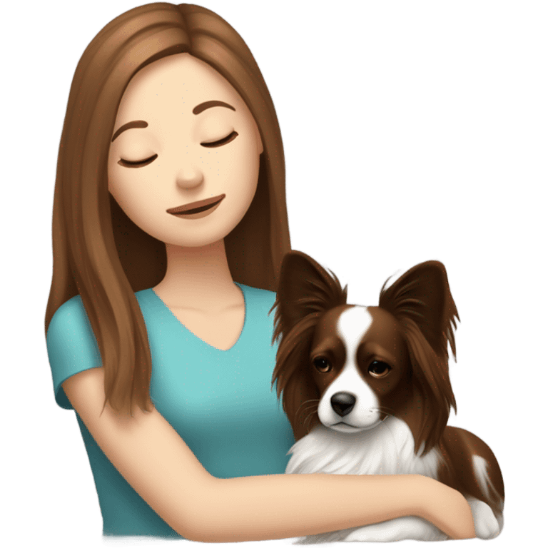 White girl brown hair spleeping with a black and brown papillon dog  emoji