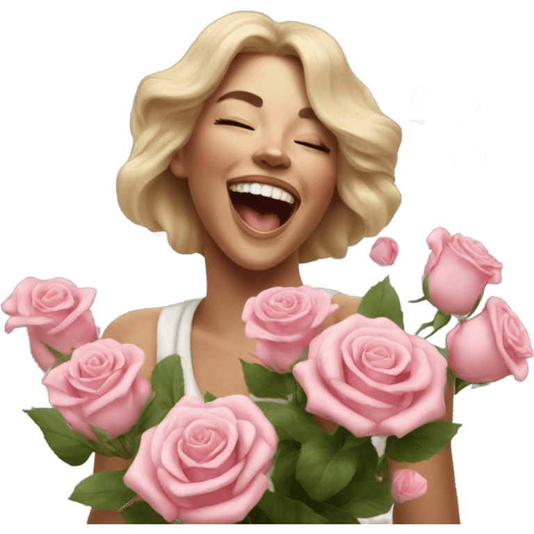 Hyper Realistic beautiful woman smells bouquet of roses laughing  emoji