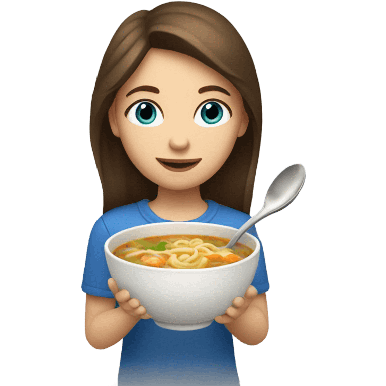 Girl with brown hair and blue eyes eating chicken noodle soup emoji