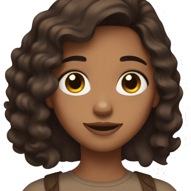 Girl with brownish skin, light brown eyes and dark brown hair, aesthetic, waving emoji