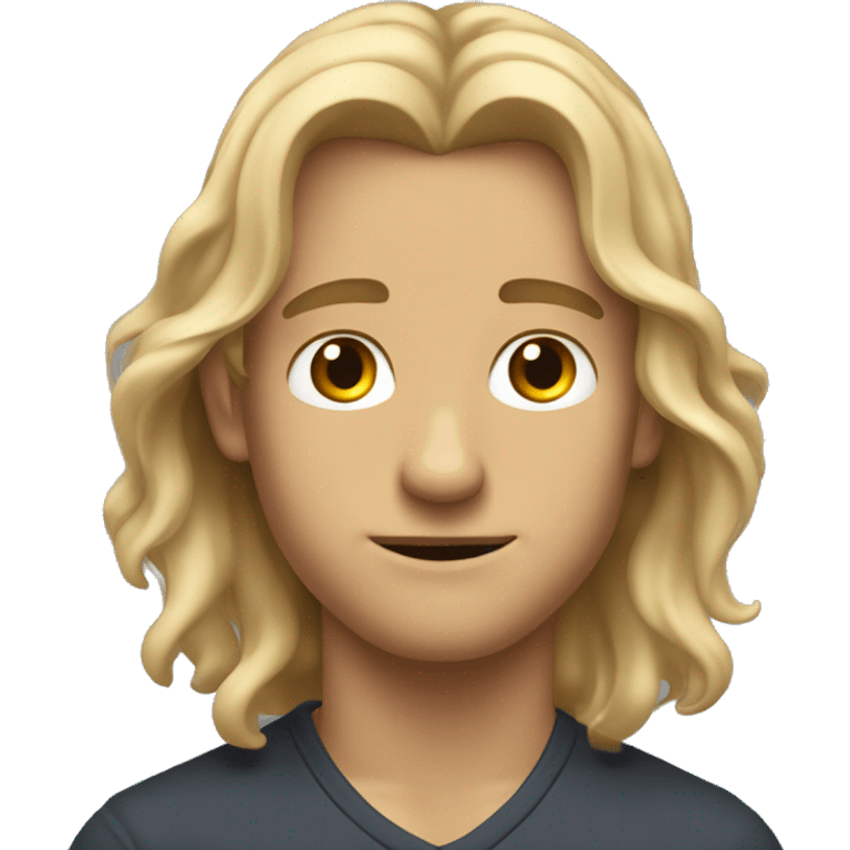 A handsome young man with long, wavy dirty-blonde hair cascading down past his shoulders, looking like he doesn't know what to do next. emoji