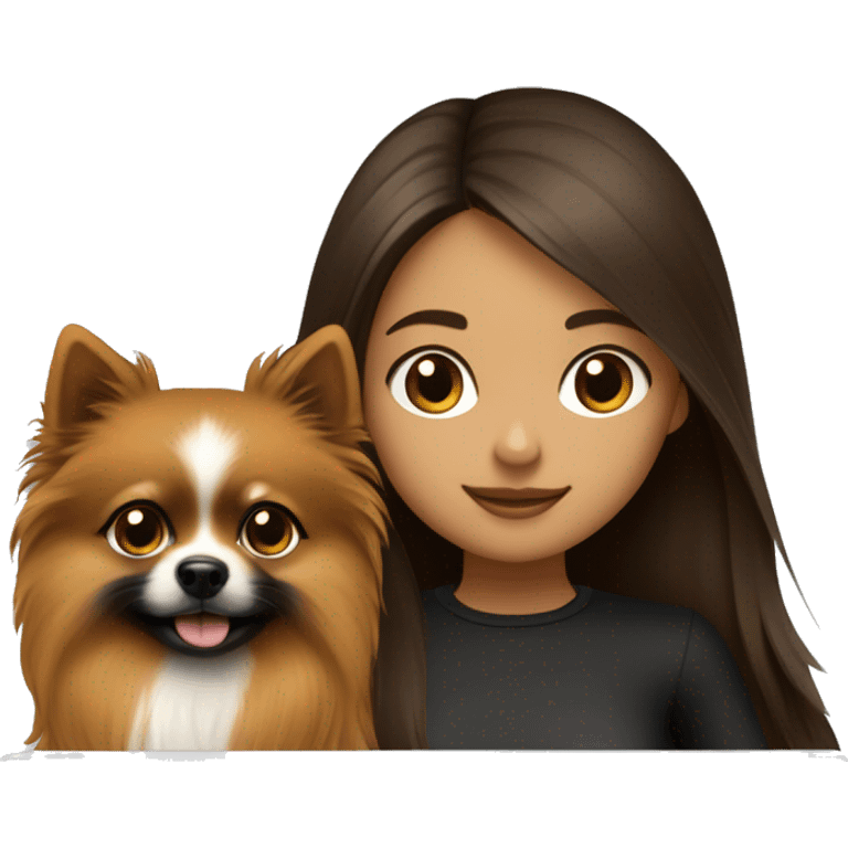 girl with long hair, white skin, brown eyes, working on laptop, while her black-and-tan pomeranian is next to her emoji