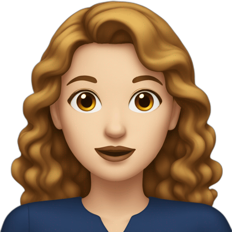 A white woman with brown hair, making an air kiss, wearing long earrings and a dark blue dress emoji