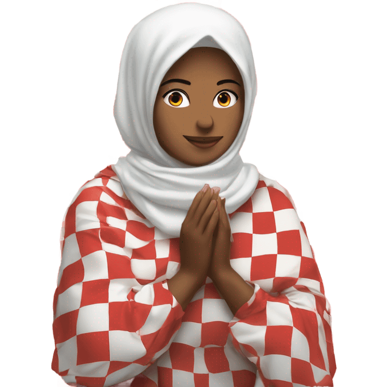 woman fixing red and white checkered kuffiyeh with her hands emoji