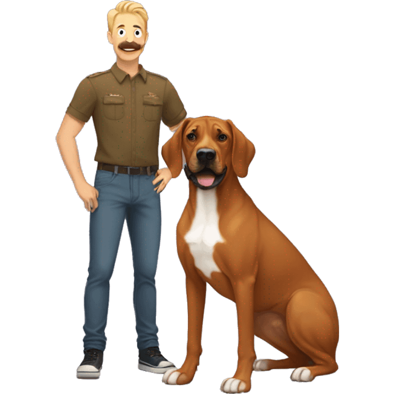 white male with rainbow colored hair and a curled mustache standing alongside a brown rhodesian ridgeback dog emoji