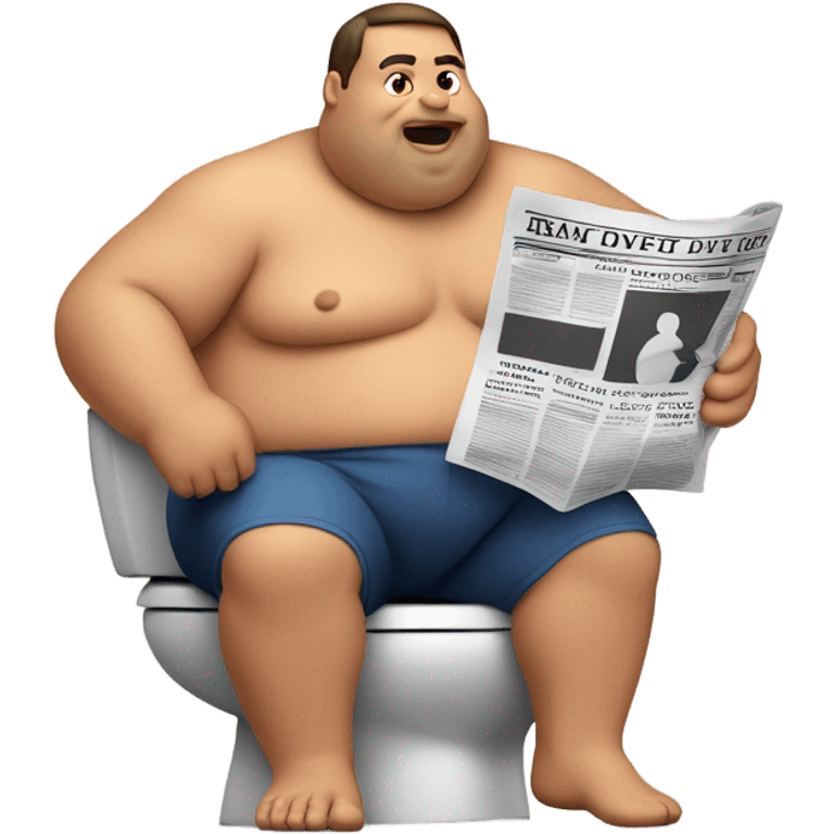 fat guy sitting on toilet reading newspaper no shirt front view emoji