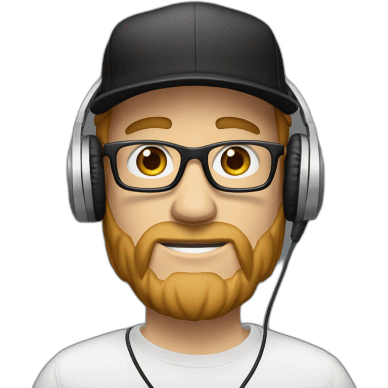 scruffy white man in a backwards baseball black hat and rectangle glasses wearing headphones with microphone - light brown hair emoji