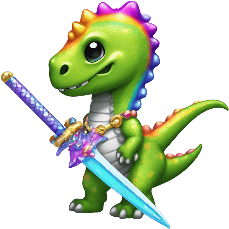 Lisa frank glitter rainbow cute dinosaur with sword and pearls emoji