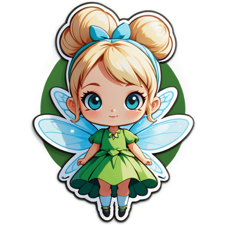 Fairy who has blonde bun and blue eyes and wears green emoji