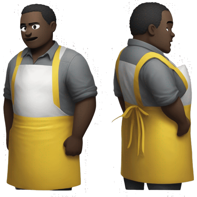 Dead by daylight cannibale beside a chest waiting with His chainsaw in His yellow Rubber apron , white skin and a Grey Shirt under the apron, without hat and He is fat emoji