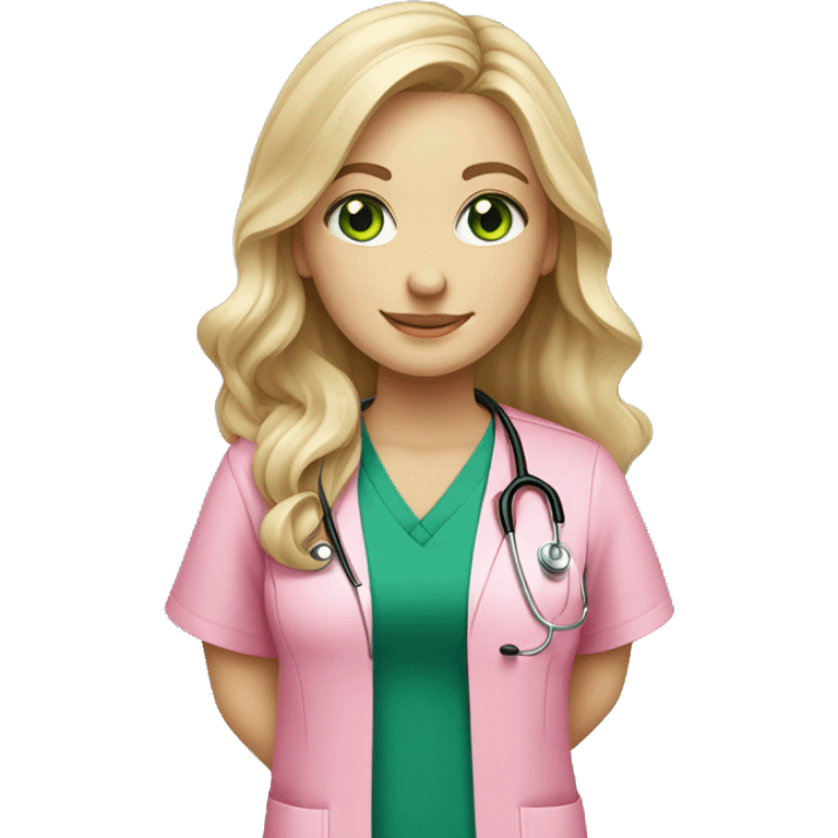 pale blonde girl with long wavy hair and green eyes wearing pink scrubs and stethoscope  emoji