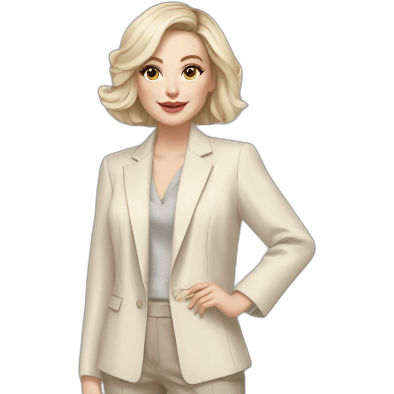 pale skin woman with ash blonde Straightened bob Hair, White Spacious classical jacket, beige palazzo Arrow pants and gray blouse holding a color palettes in the hands emoji