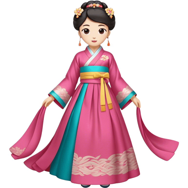 Cinematic Realistic Hanbok Emoji, depicted as a graceful intricately designed traditional Korean dress with vibrant colors and flowing lines, rendered with delicate textures and soft cultural lighting that captures its timeless elegance. emoji