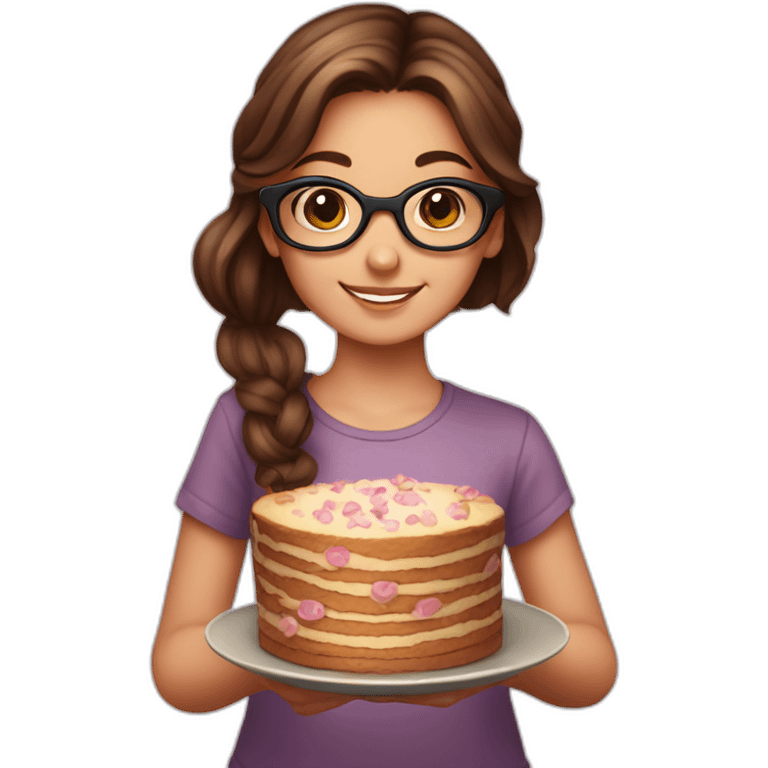 Young girl with brown hair and tortoiseshell glasses holding a plate with cakes emoji