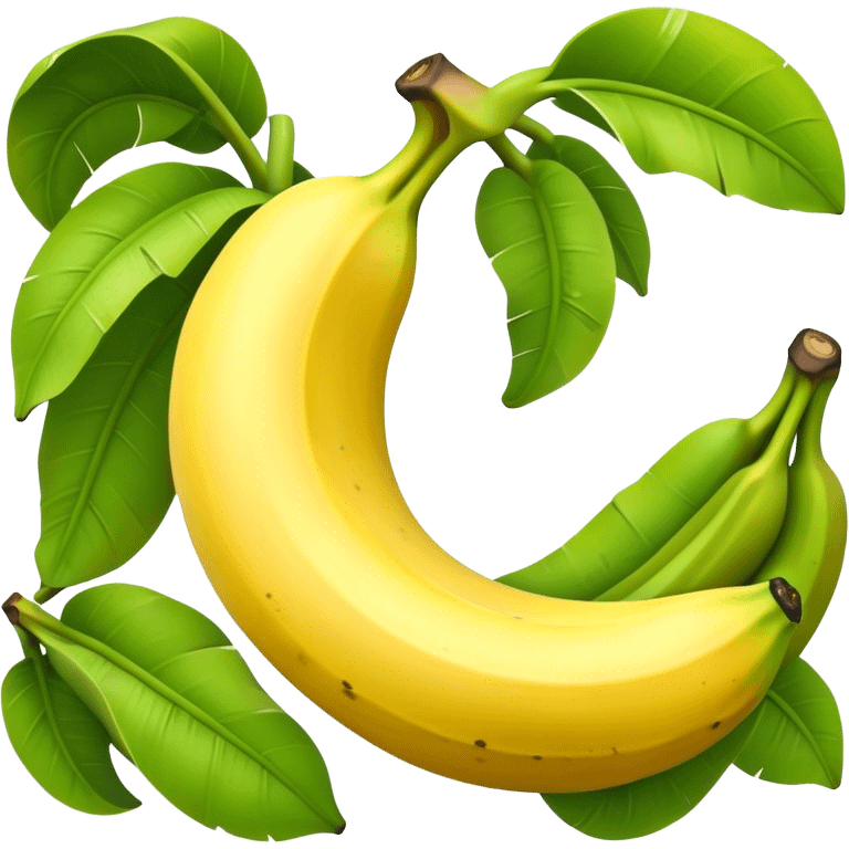 Cinematic Realistic Banana Emoji, Bright and cheerful, with a smooth, yellow peel slightly speckled with spots, revealing a soft, sweet interior. The banana is curved elegantly, standing out against the soft green leaves. Soft glowing outline, capturing the essence of tropical sweetness and energy in a ripe banana. emoji