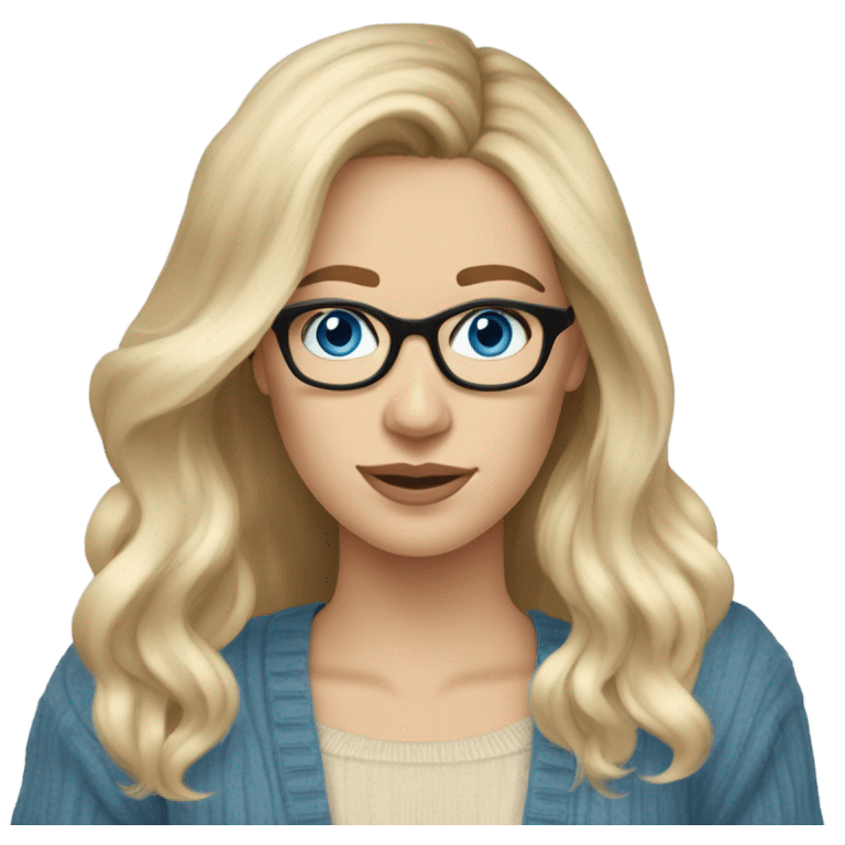 Blonde balayage long hair white women beige sweater blue eyes and small glasses holding phone  emoji